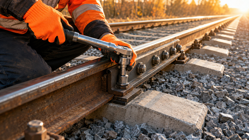 Railway worker using torque wrench on track fishplate bolts