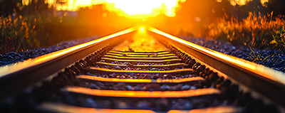 Close-up of a railway track during sunset with a warm, glowing l