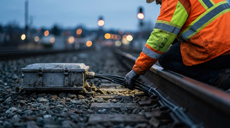 Rail engineer in reflective vest inspecting a trackside sensor module with fiber-optic cable near steel ballast at dusk on smart railway infrastructure.